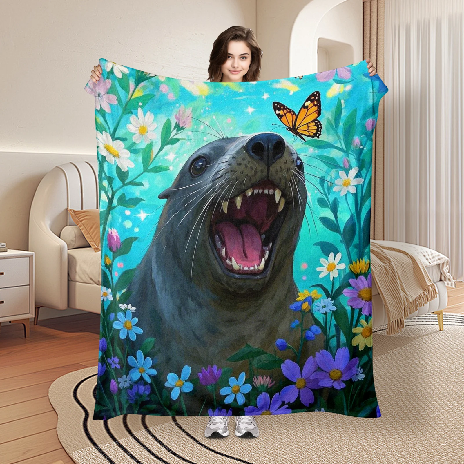 Fantasy Sea Lion Blanket Blue Green Theme Floral Butterfly Design Cute Cozy Throw For Home Decor Gift Idea Whimsical Ocean Art