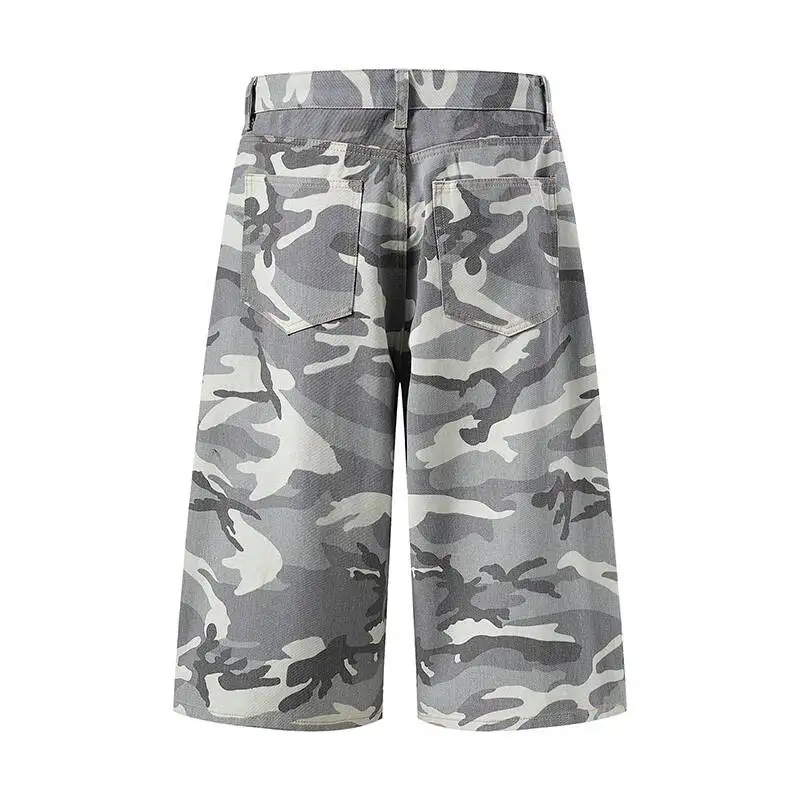 Leg Camo Wide Denim Shorts Men's Baggy Fit Washed Grey Streetwear Casual Summer New Cotton Knee Length Pants M4PR