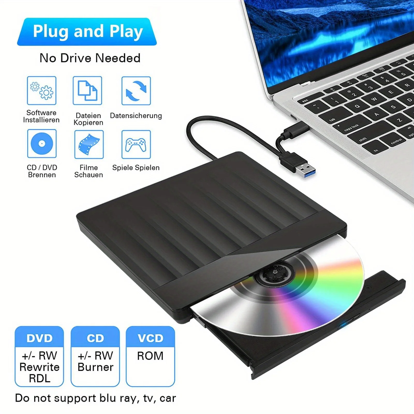 External CD DVD Drive Burner USB 3.0 Type-C Portable CD/DVD ROM +/-RW Optical Drive Player Card Reader, Universal Computer Style