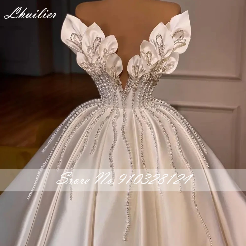 Lhuilier Customized Women\'s A Line V Neck Satin Wedding Dresses Elegant Sleeveless Pearls Beaded Bridal Gown with Chapel Train