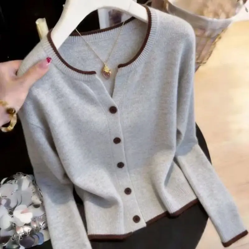 Women Knit Cardigan Long Sleeve Top Color Block Contrast Trim Crew Neck Button Front Faux Design Soft Casual Fall Winter Wear