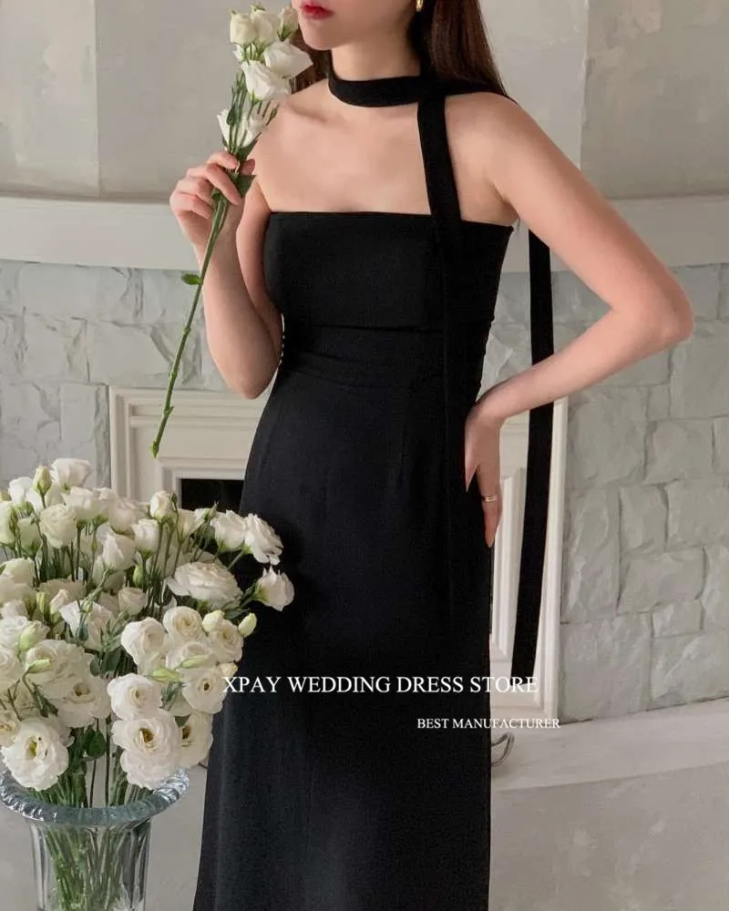 XPAY Simple A Line Black Customised Strapless Stretch Satin Floor Length Prom Dress Wedding Party Photo shoot Plus Size