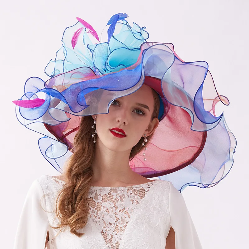 Summer Organza Kentucky Derby Hats For Women Elegant Fascinator Hats Ladies Large Wide Brim Church Wedding Hat With Big Flower