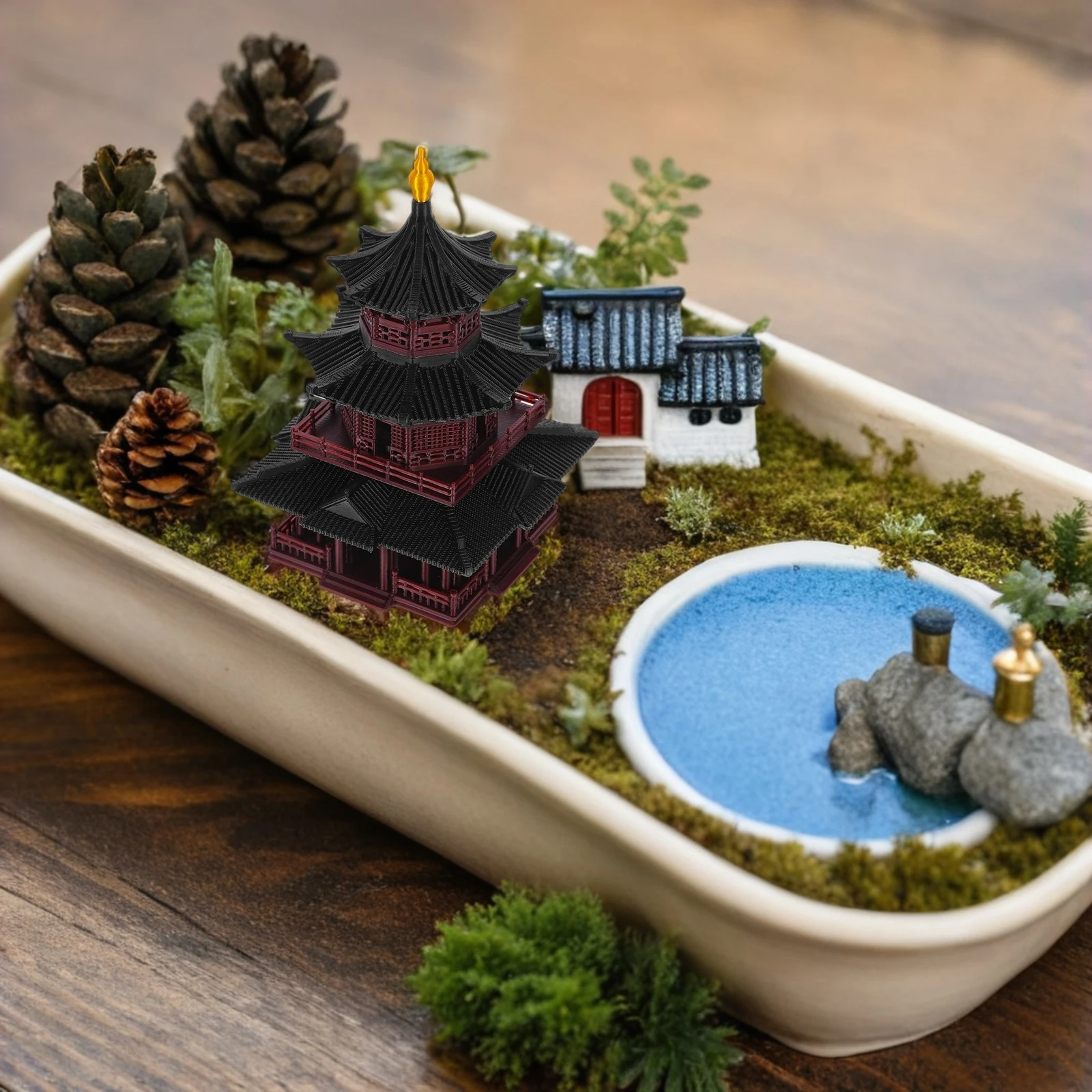 

Elegant Ancient Style Pavilion Ornament Miniature Zen Garden Decoration Handmade Plastic Bonsai Landscape Micro Miniature Asian
