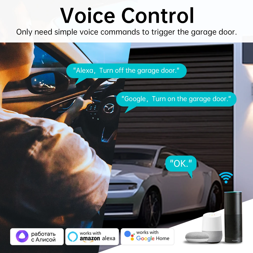 Tuya WiFi Smart Garage Door Opener Controller Smart Garage Door Switch Voice APP Control Work for Alexa Google Home Yandex Alice