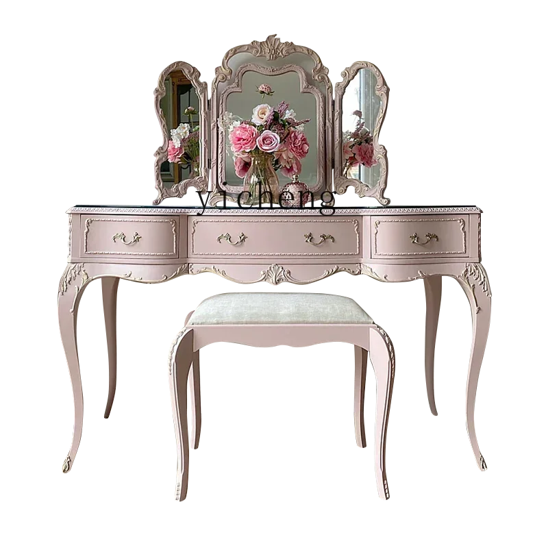 TQH solid wood bedroom princess dressing table makeup mirror light luxury simple girls makeup stool combination with mirror