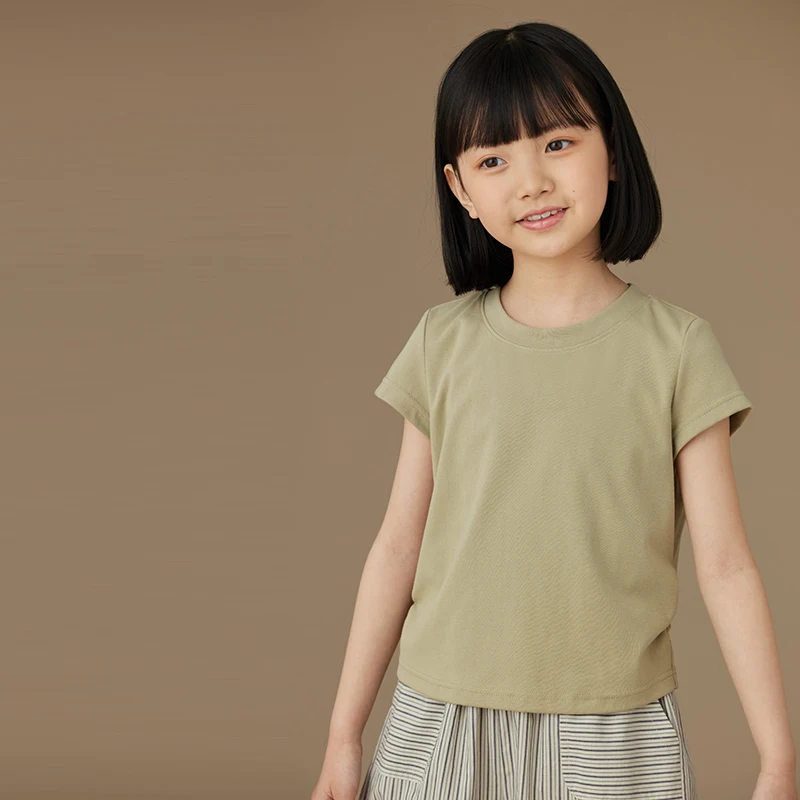 Ropa para niños y niñas, Tops de manga corta verde fresco, camiseta elástica delgada que combina con todo, verano