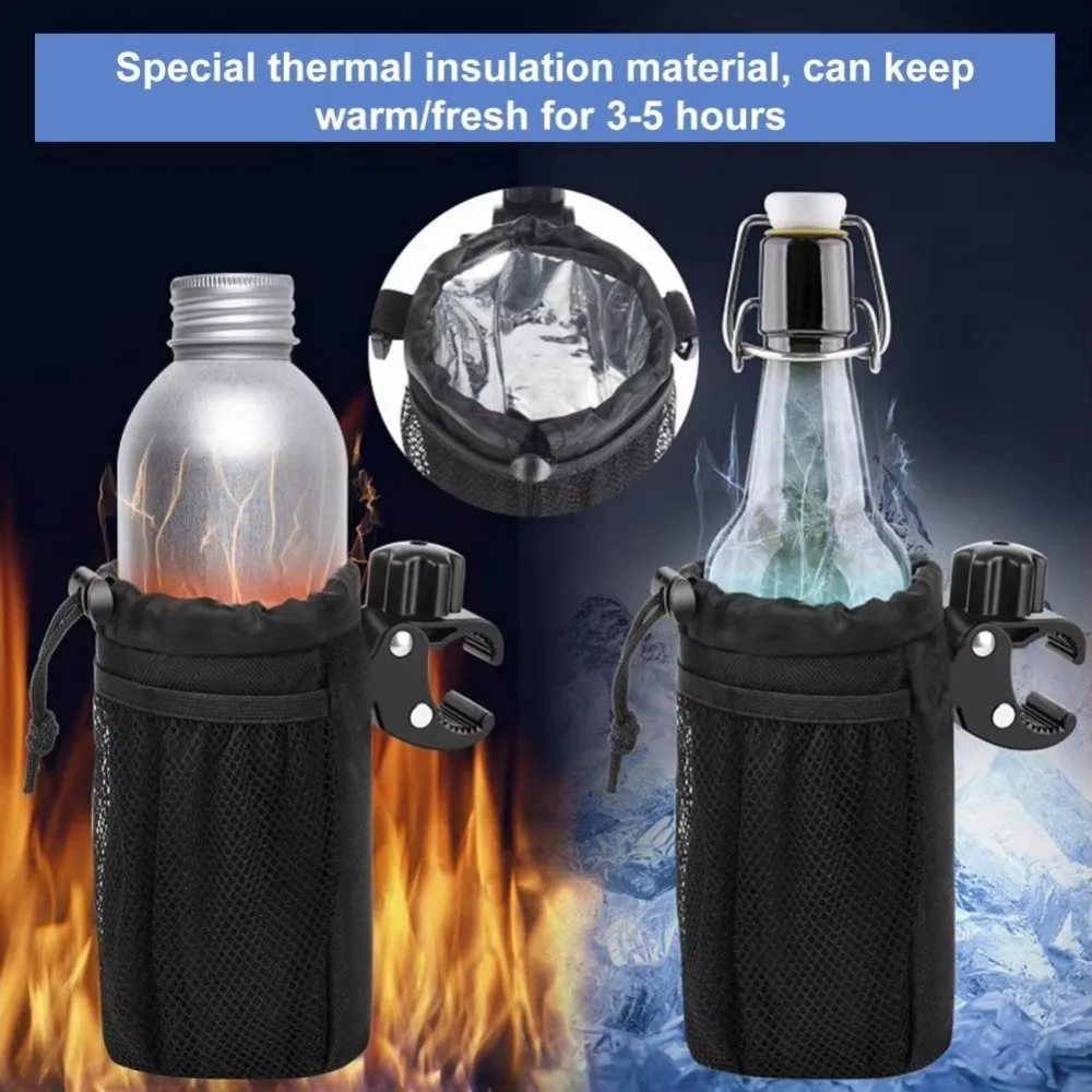 Portable Motorcycle Cup Holder Adjustable with Alligator Clamp Bottle Kettle Storage Pouch Rope Drawstring Design Oxford Fabric