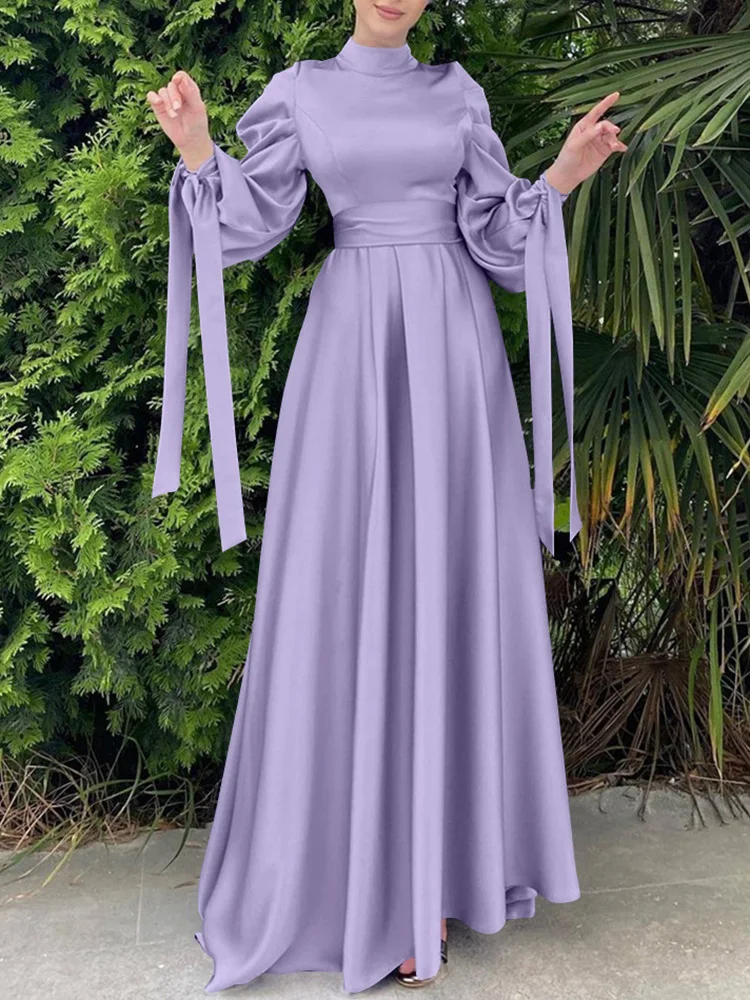 Satin Abaya Dress Muslim Women Solid Color Wrap Front Long Sleeve with Belt Long Maxi Dress Summer Dubai Turk Modest Wear