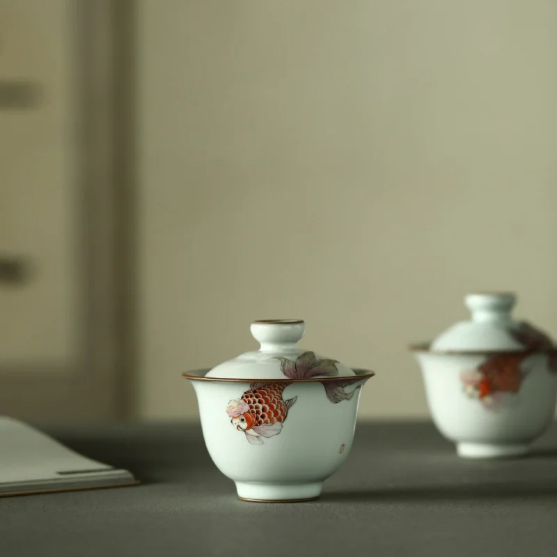 ★Jingdezhen Ceramics Gaiwan Tea Cup Set Hand Painted Pastel Goldfish Two Only Tea Brewing Bowl Household Office Teaware Cups