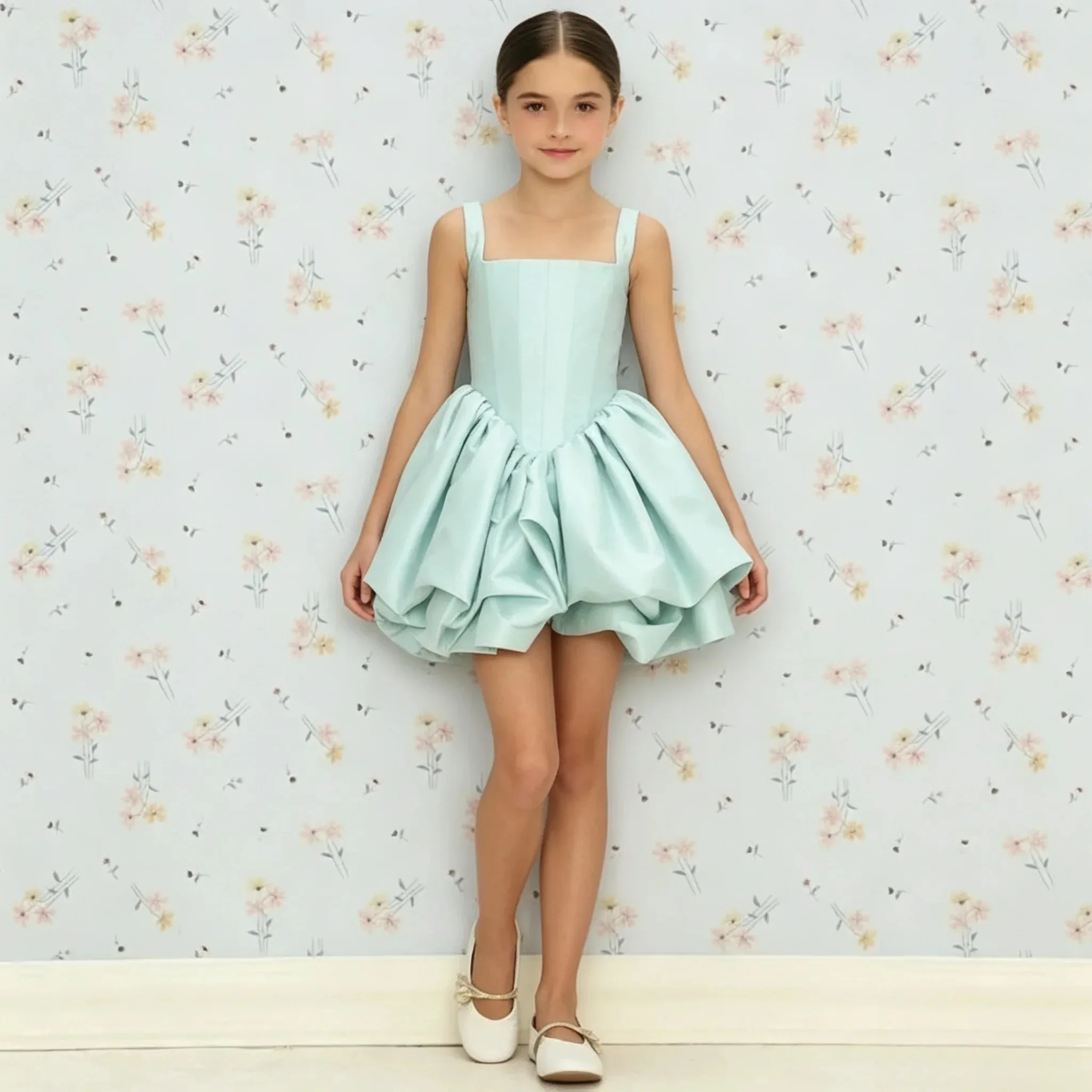 Custom Satin Flower Girl Dress Square Neck Herringbone Waist Slim Pleated Bud Skirt Princess Skirt Girl Ballet Performance Dress