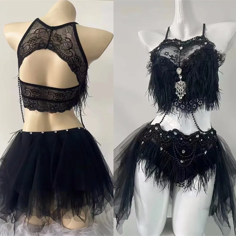 

Black White Feather Lace Beading Bikini Pole Dance Costume Musical Festival Rave Outfit DJ Dancer Nightclub Bar Sexy Stage Wear