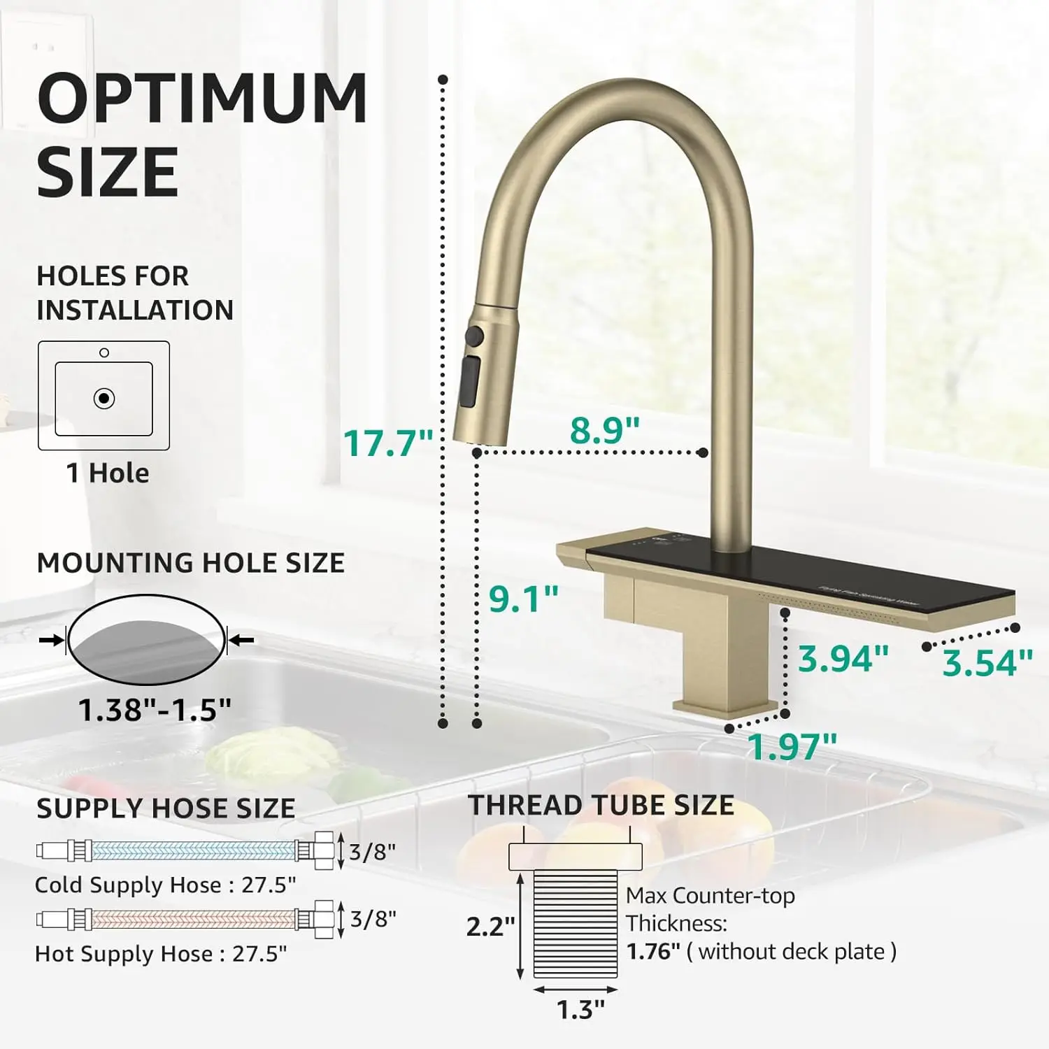 Waterfall Kitchen Faucet with Pull Down Magnetic Sprayer Brushed Gold,Stainless Steel,4 Functions,Single-Hole,Sigle-Han