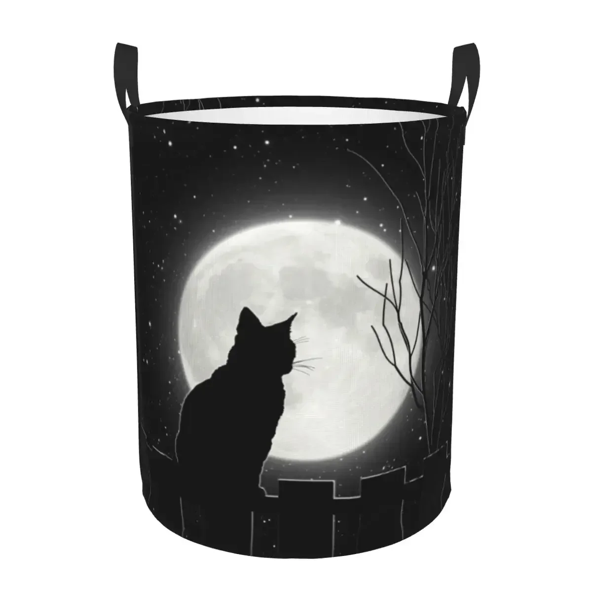 

Black Cat Looking At The Full Moon Laundry Basket Foldable Animal Cartoon Clothes Toy Hamper Storage Bin for Kids Nursery