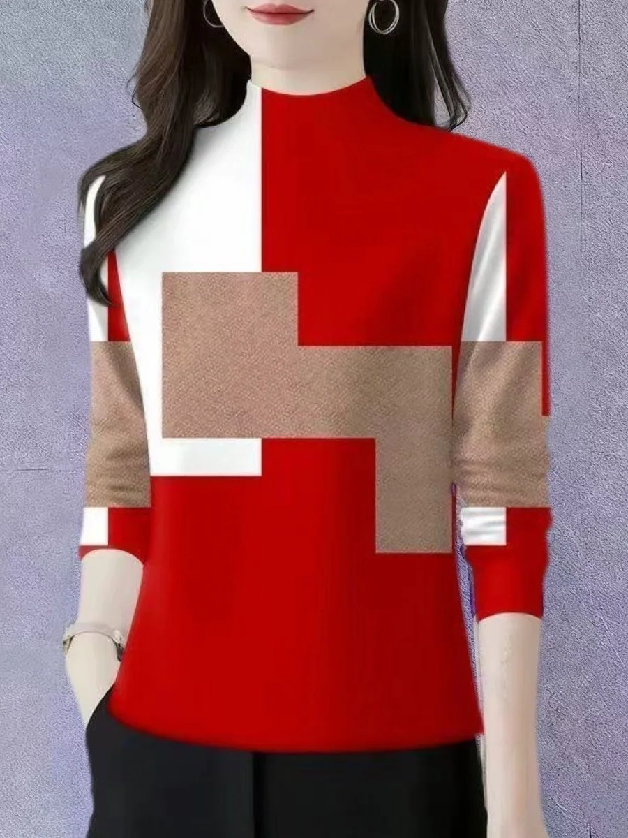 

Fashionable Contrast Color Thickened Fleece Long Sleeve Half High Collar Base Shirt for Women Warm Casual Style Polyester Fiber