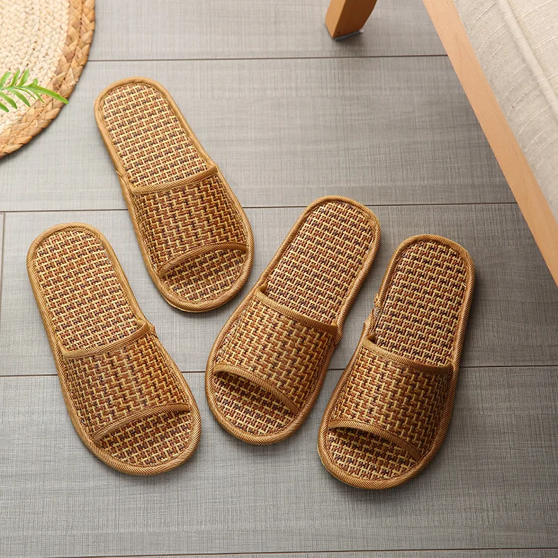 Spring and summer bamboo woven rattan and grass lovers straw mat slippers indoor wooden floor home linen slippers