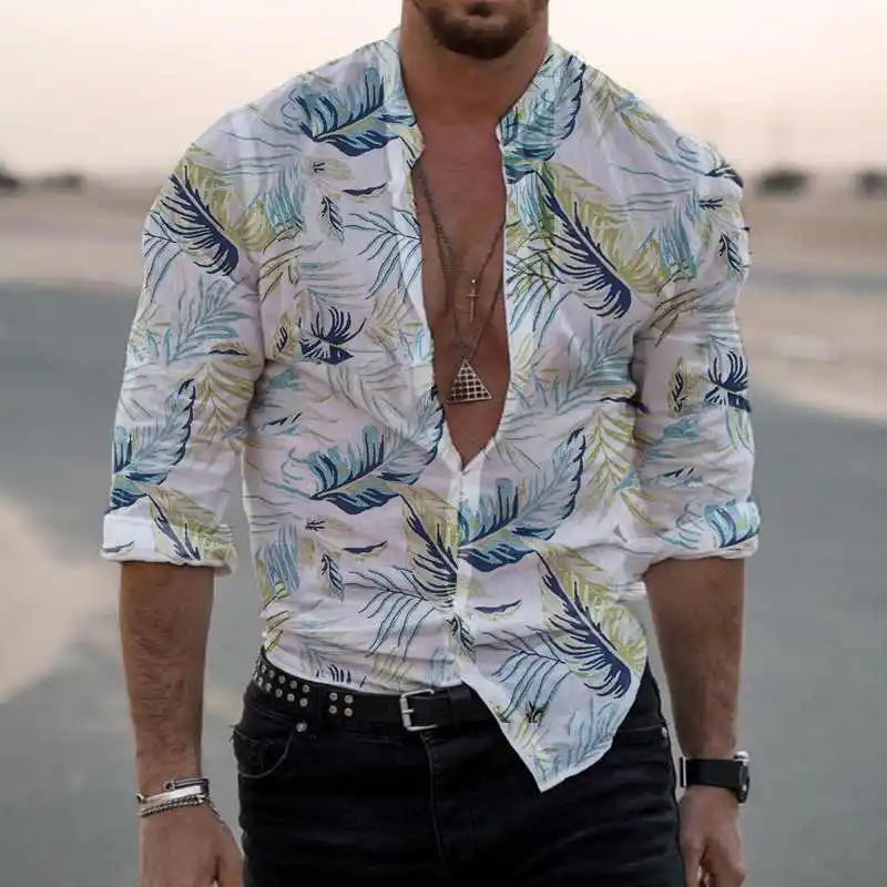 

Stand Collar Long Sleeved Shirt Men's Beach Shirt Casual Long Sleeved Summer Shirt Men's Slim Fit Single Breasted Top MB1