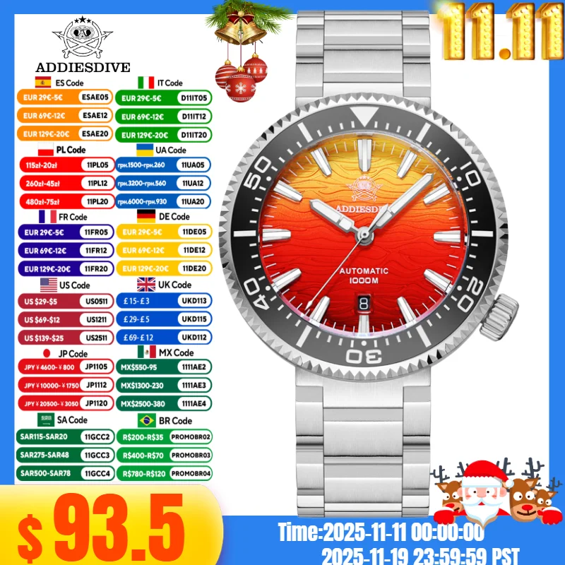 

ADDIESDIVE Men Luxury Watch AD2526 BGW9 Blue Luminous 8215 Movement Sapphire Crystal 1000m Waterproof Automatic Mechanical Watch