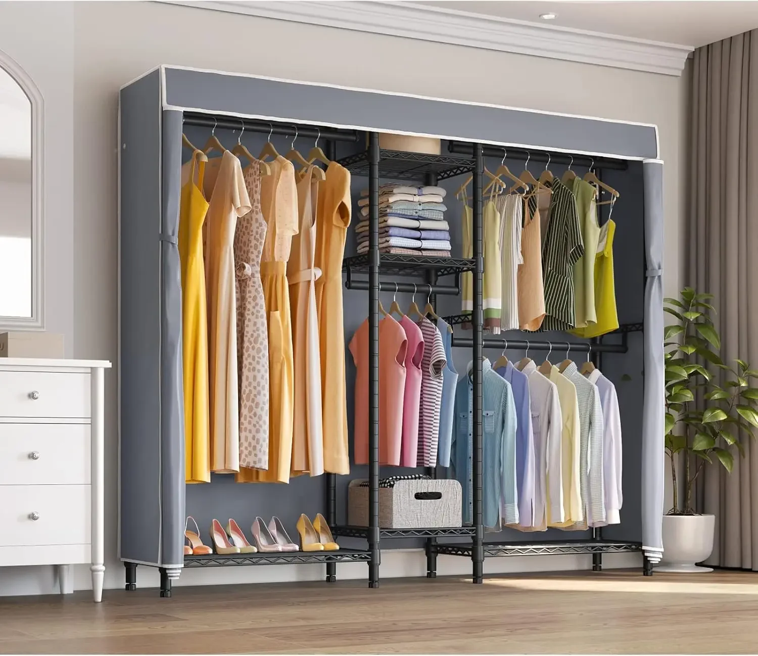 Heavy Duty Covered Clothes Rack Portable Wardrobe Closet, 5 Tiers Wire Garment Rack Black Metal Clothing Rack