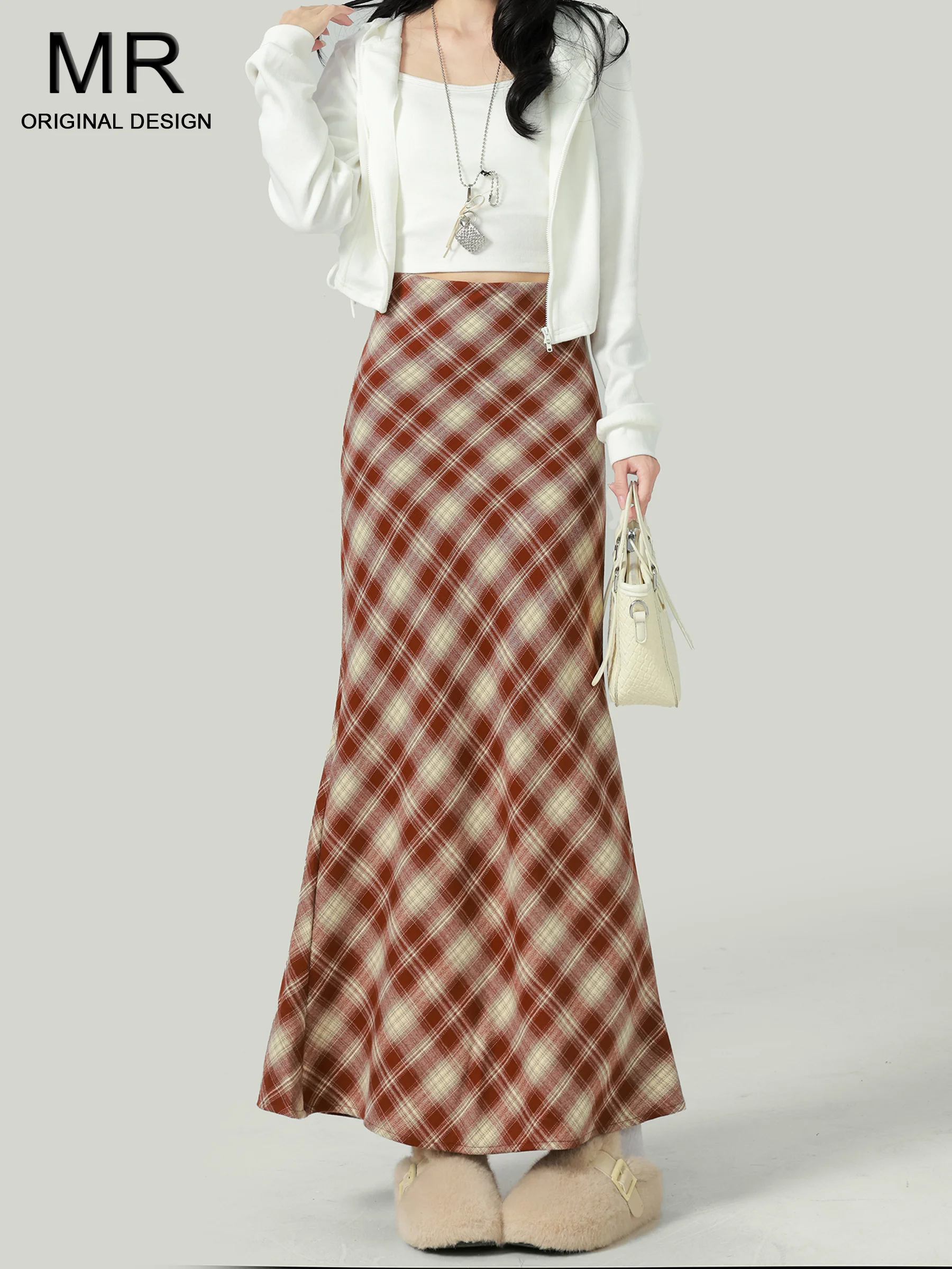 

Юбка-миди с высокой талией и разрезом для женщин, повседневный стиль, фасон «рыбий хвост», длинное платье, винтажный клетчатый узор, модная осенняя новинка