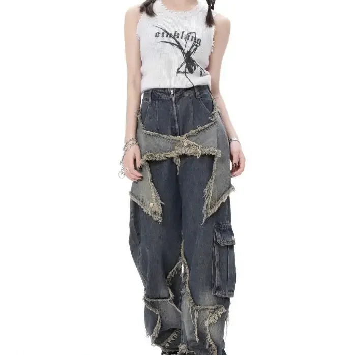 2024 Vintage Women High Waist Jeans Streetwear Ripped Female Wide Leg Pant American Style Casual Tassel Straight Denim Trousers