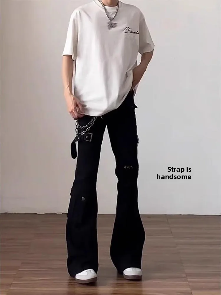 ブラックバイブ ベルト付きフレアジーンズ メンズ アメリカン ハイストリート ナイフ ワークウェア スリミング ストレートレッグパンツ ユースファッションジーンズ