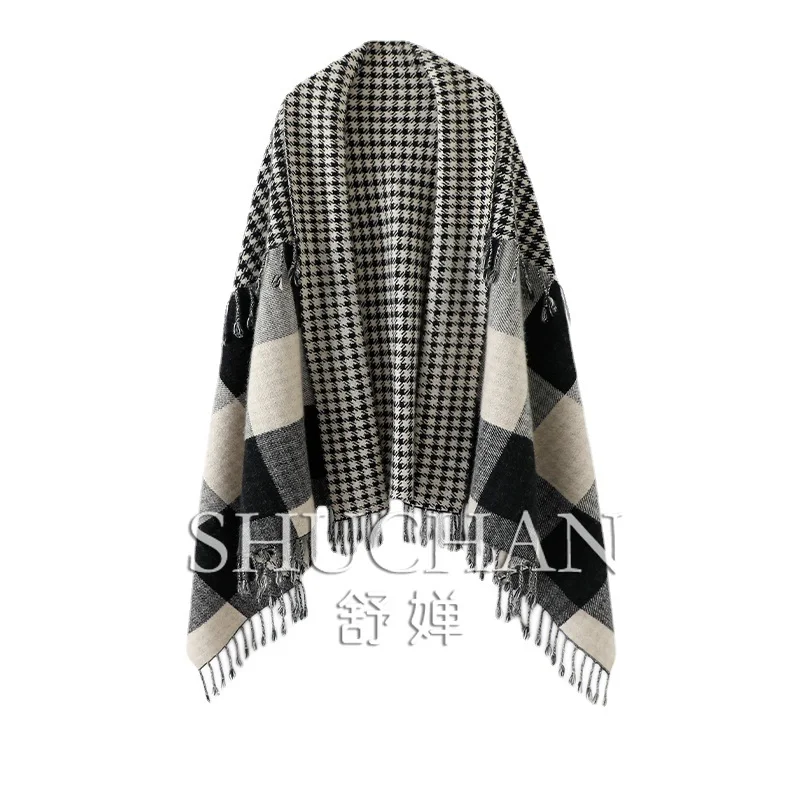 

Poncho Mujer Invierno Thick Indie Folk Cashmere TASSEL PLAID Thick （Winter) Winter Poncho Women Lolita Cape