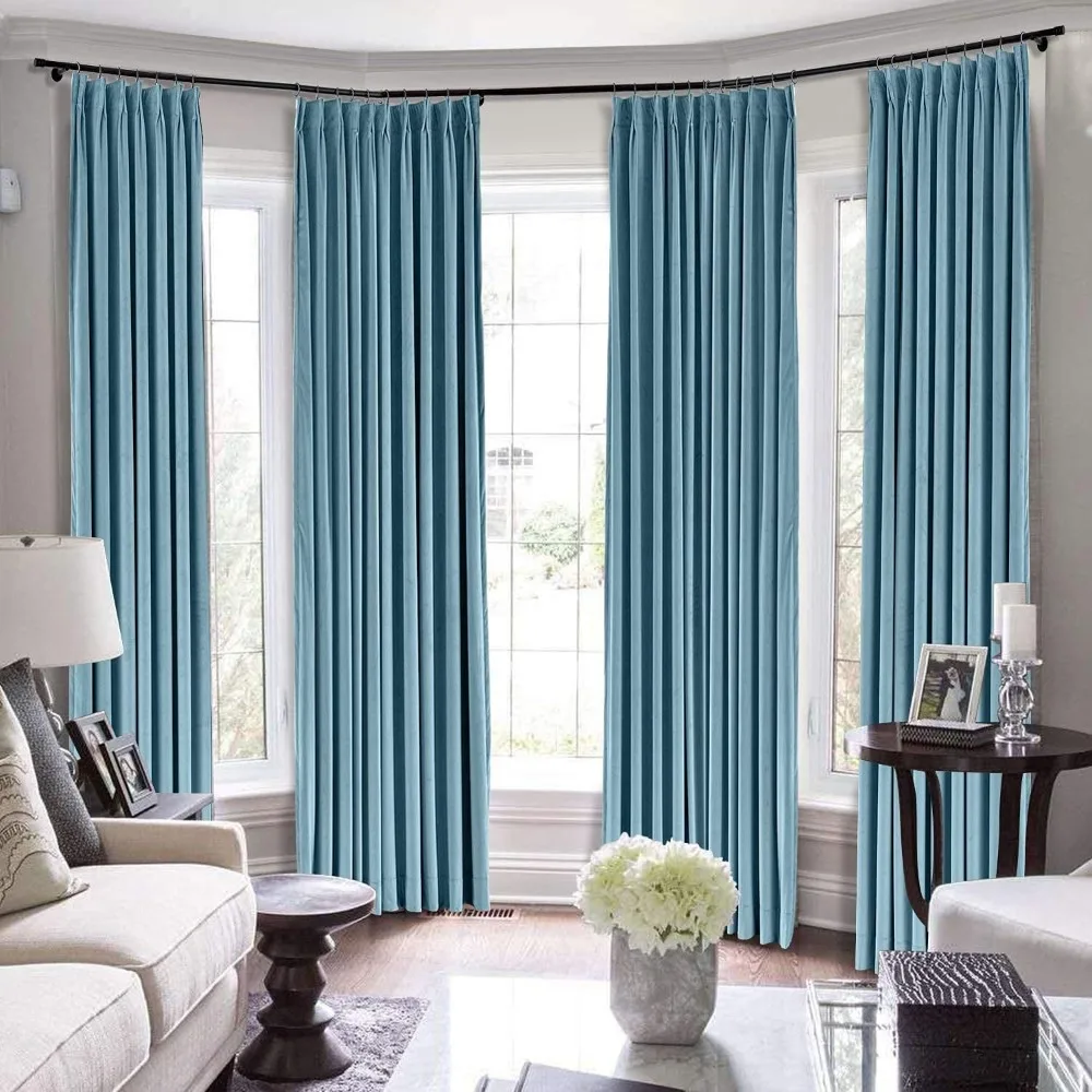 Double Pinch Pleated Curtains Hooks for Living Room Bedroom Bungalow, Light Blue Window Curtains, Wide Size Options for Home Dec