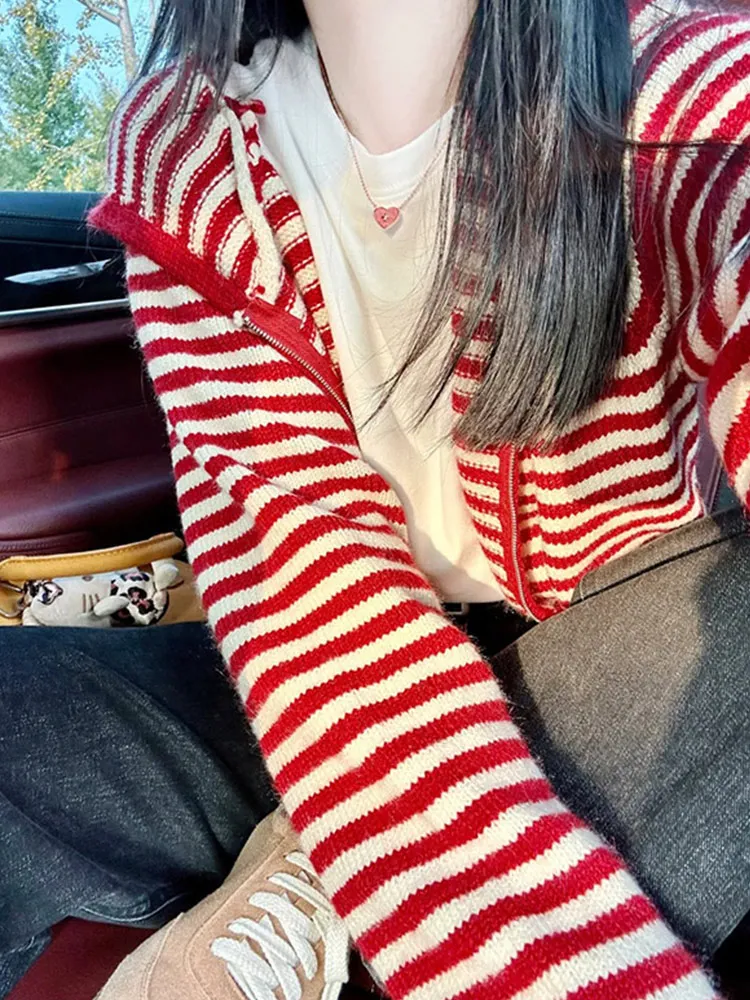 

Цветной полосатый вязаный открытый кардиган с капюшоном, универсальный повседневный длинный свитер свека, корейская верхняя одежда Ele Chic