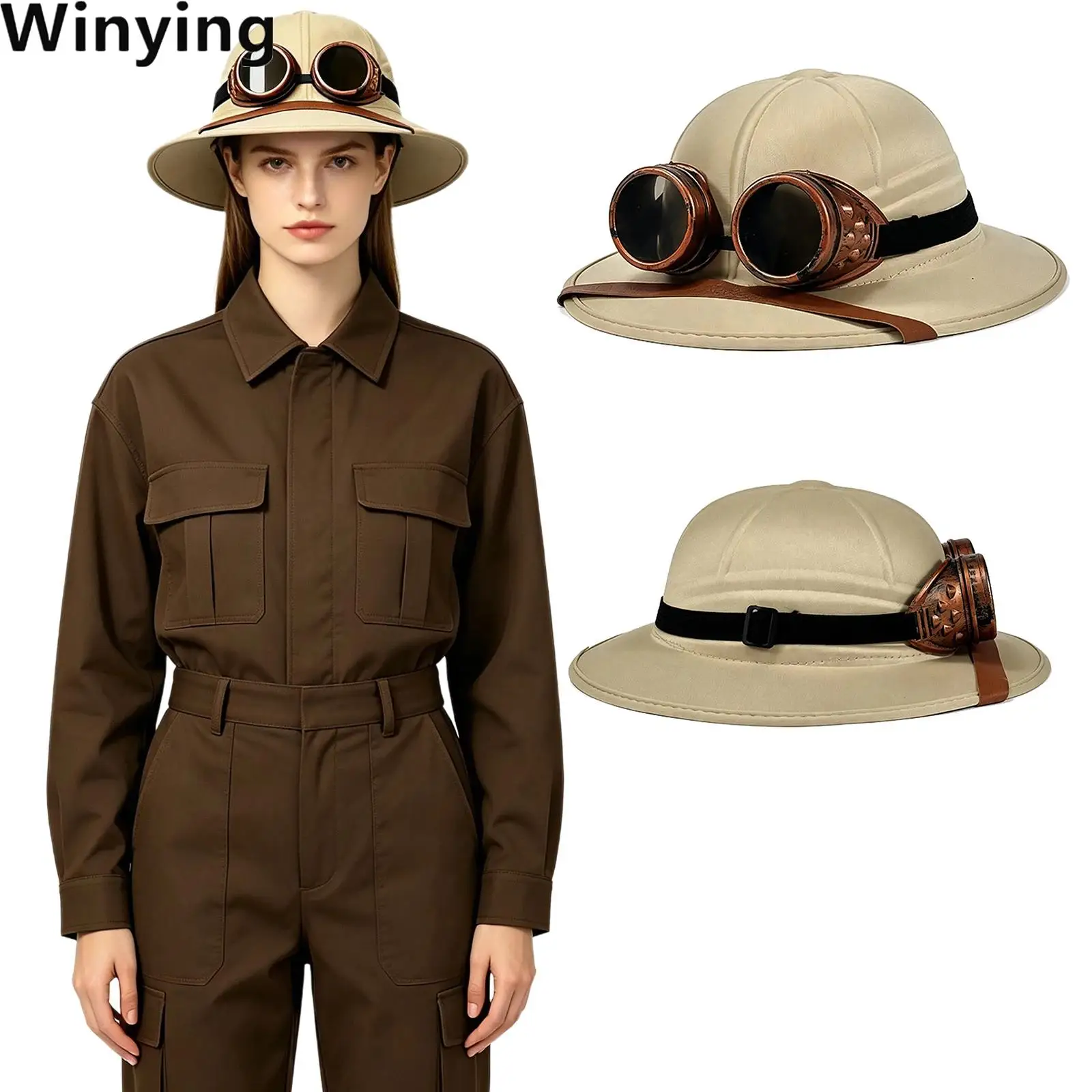Adults Sun Protection Jungle Explorer Hat Cap with Punk Goggles Costume Accessories for Men Women Cosplay Themed Party