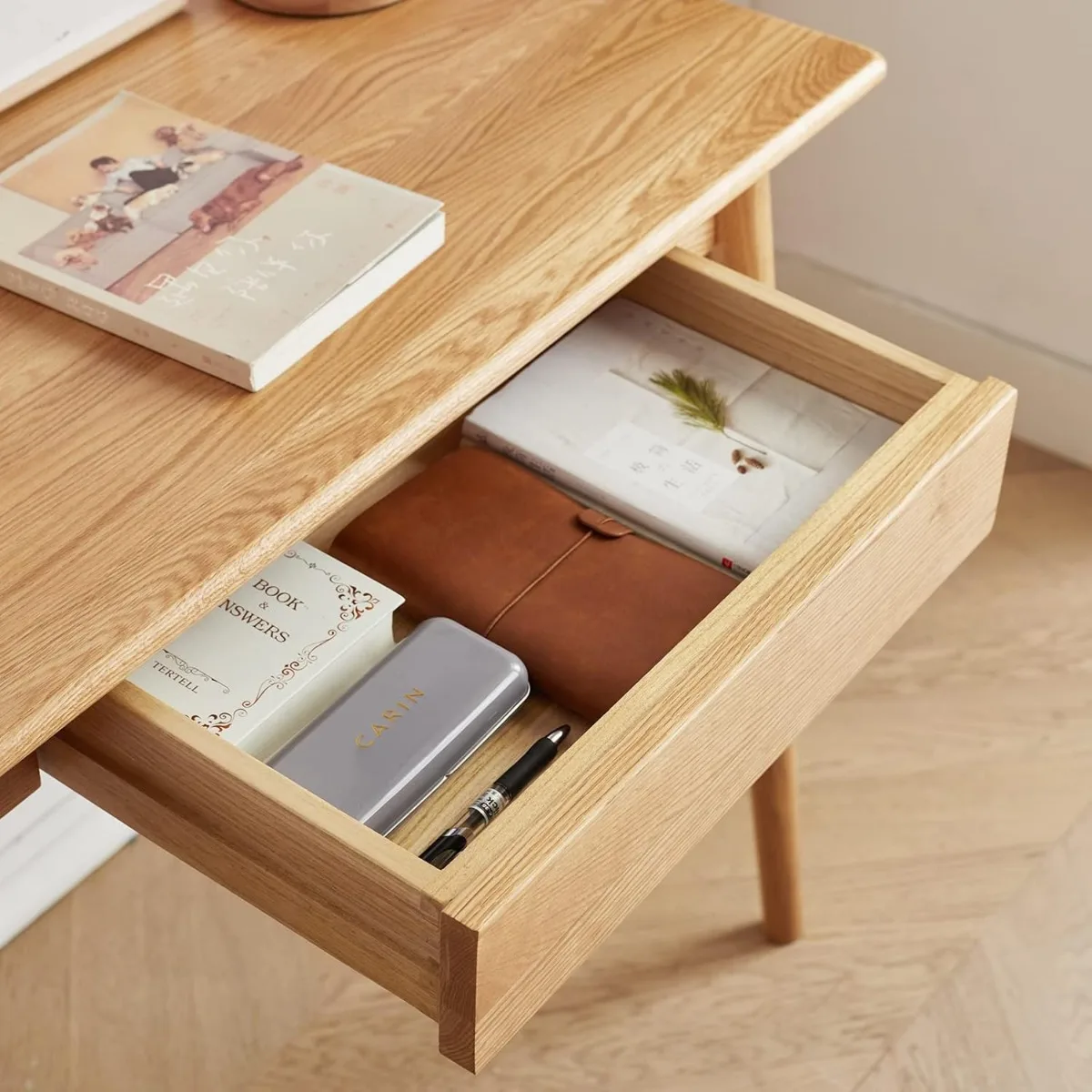 Bureau d'ordinateur en bois de chêne naturel, table d'étude mince, travail PC, 100% bois massif