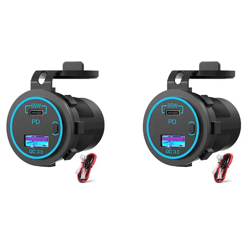 2X 65W PD 12V USB Outlet For Laptop USB C Car Socket Multi Port Outlet Waterproof Adapter For Car Boat Truck