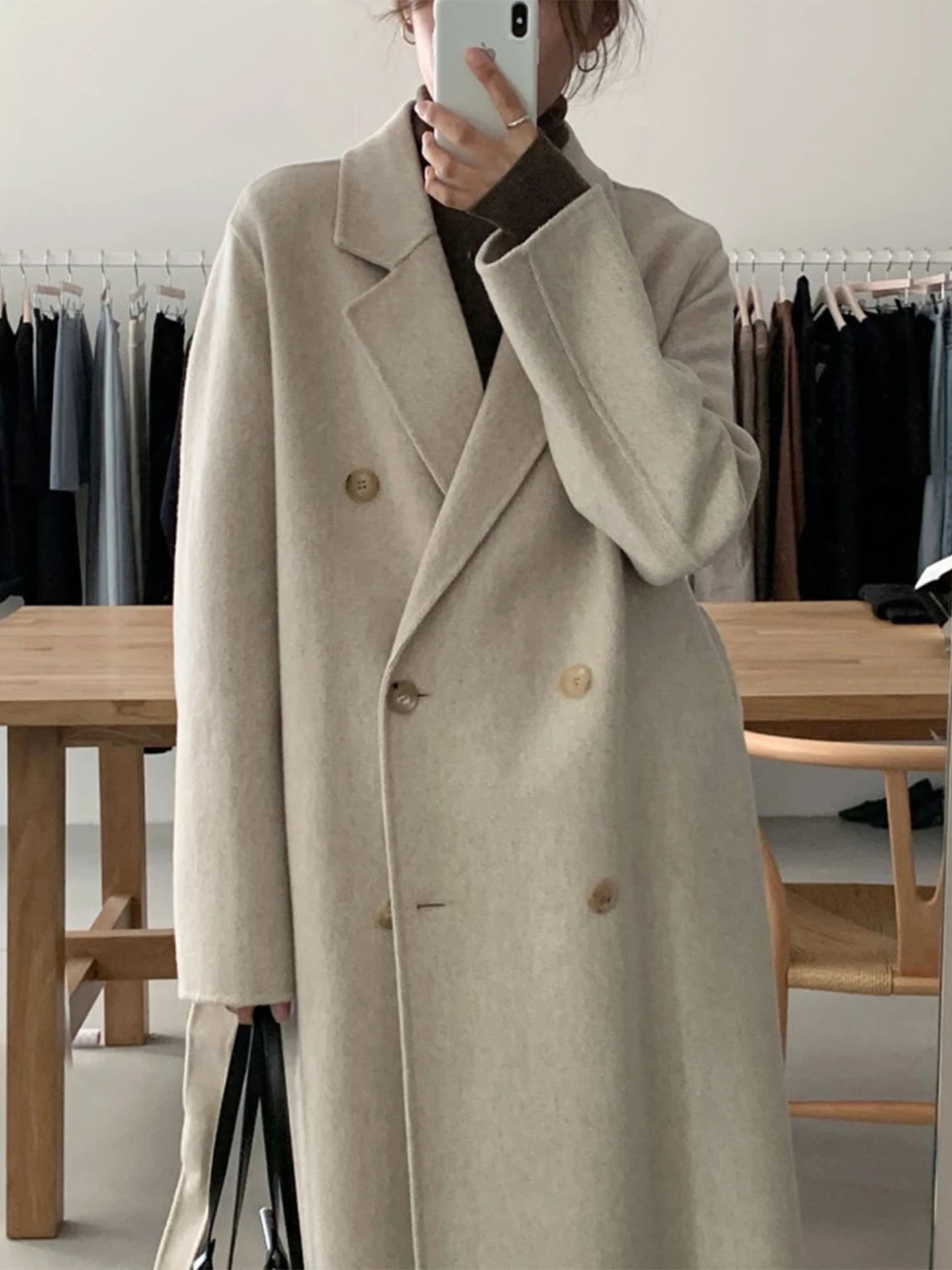

Классическое шикарное зимнее женское длинное пальто, двубортный костюм с воротником, однотонное шерстяное пальто, свободный крой, корейский Sle для поездок на работу