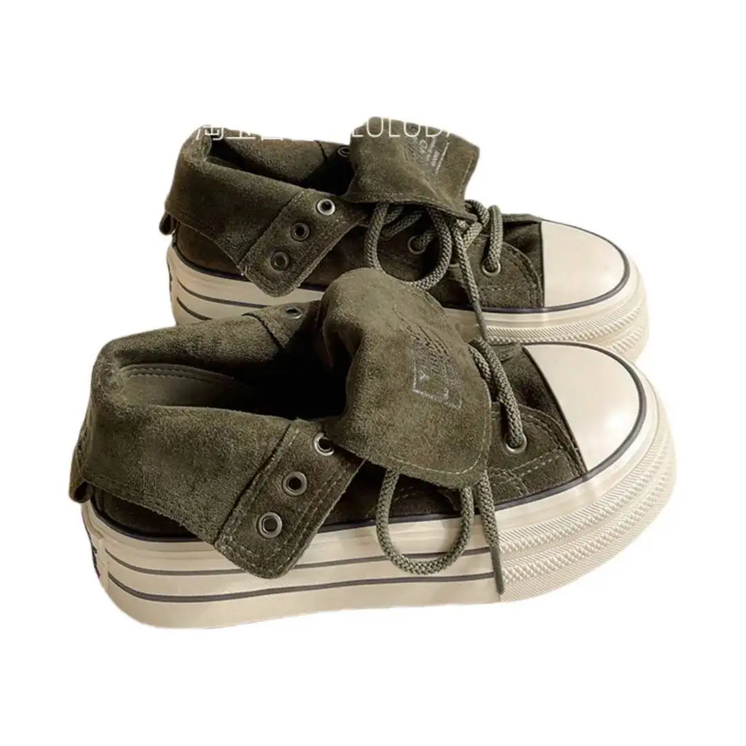 2025 New Women's Thick Platform Canvas Shoes Niche Retro High-Top Shoes Spring Autumn Versatile Casual Sneakers Canvas Shoes