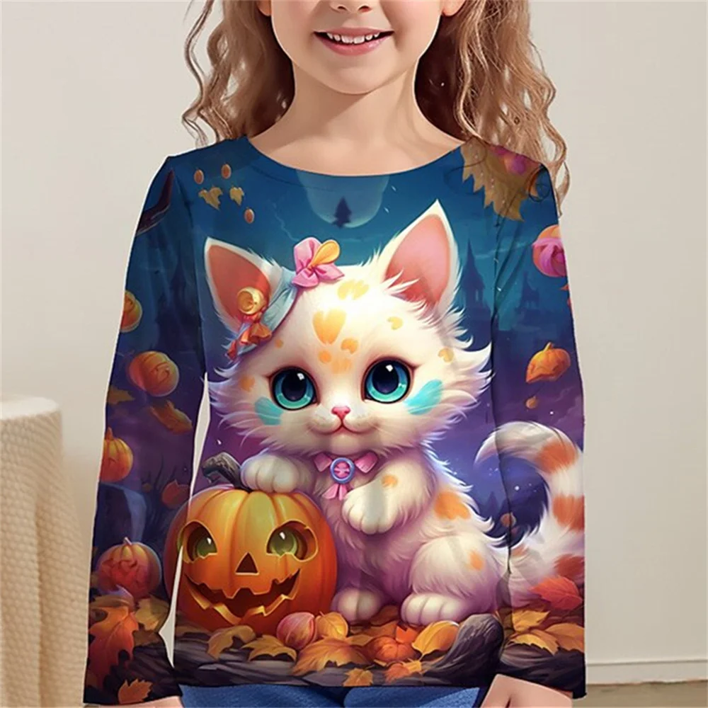 Children's Clothing Girl T-Shirt Long Sleeve Cartoon Cat Print Kids Spring Fall Clothes Festive Party Round Neck Boy Clothes Top