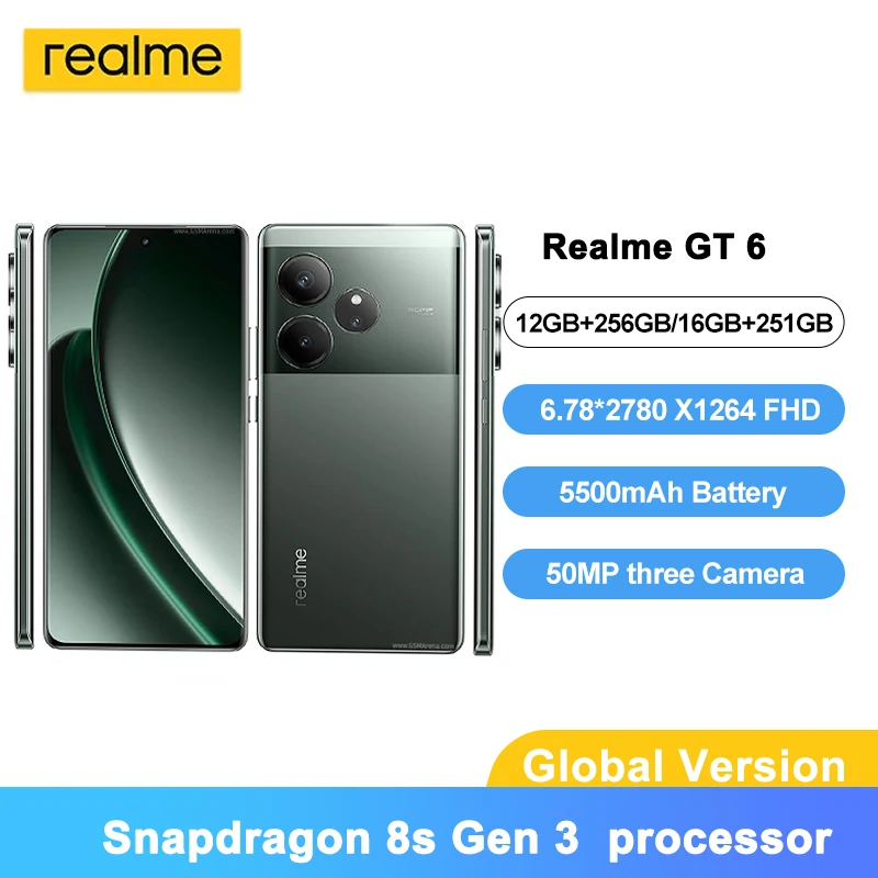 Global Version realme GT6 5G Smartphone 8s Gen 3 50MP+3200 Front Rear Camera 5500mAh 120W Battery 6.78 120Hz 6000nit Display NFC