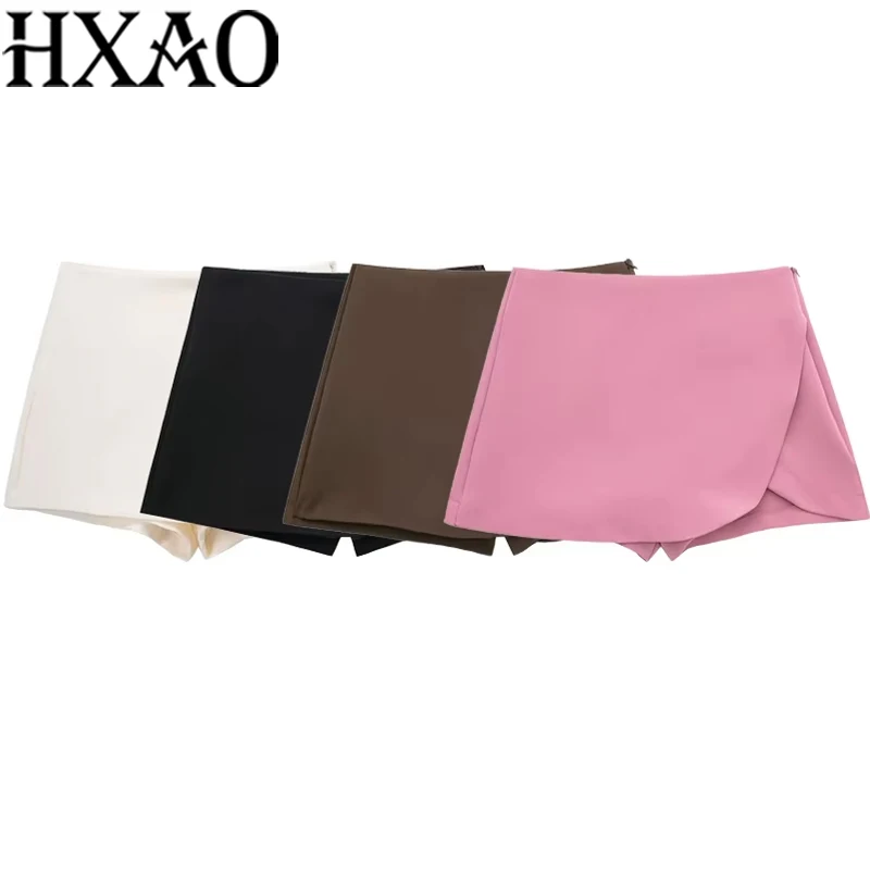 Hxao saia feminina shorts 2024 outono senhoras moda casual cintura alta elegante bege preto marrom rosa zip up saia calças femininas