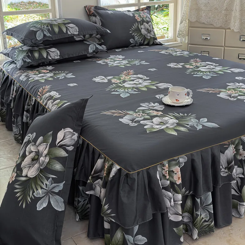 

3pcs set Floral Style Bed Skirt with Pillowcase Ruffles Bed Cover Home Soft Bed Cover Adults Kids Room Bed Linen 침대스커트