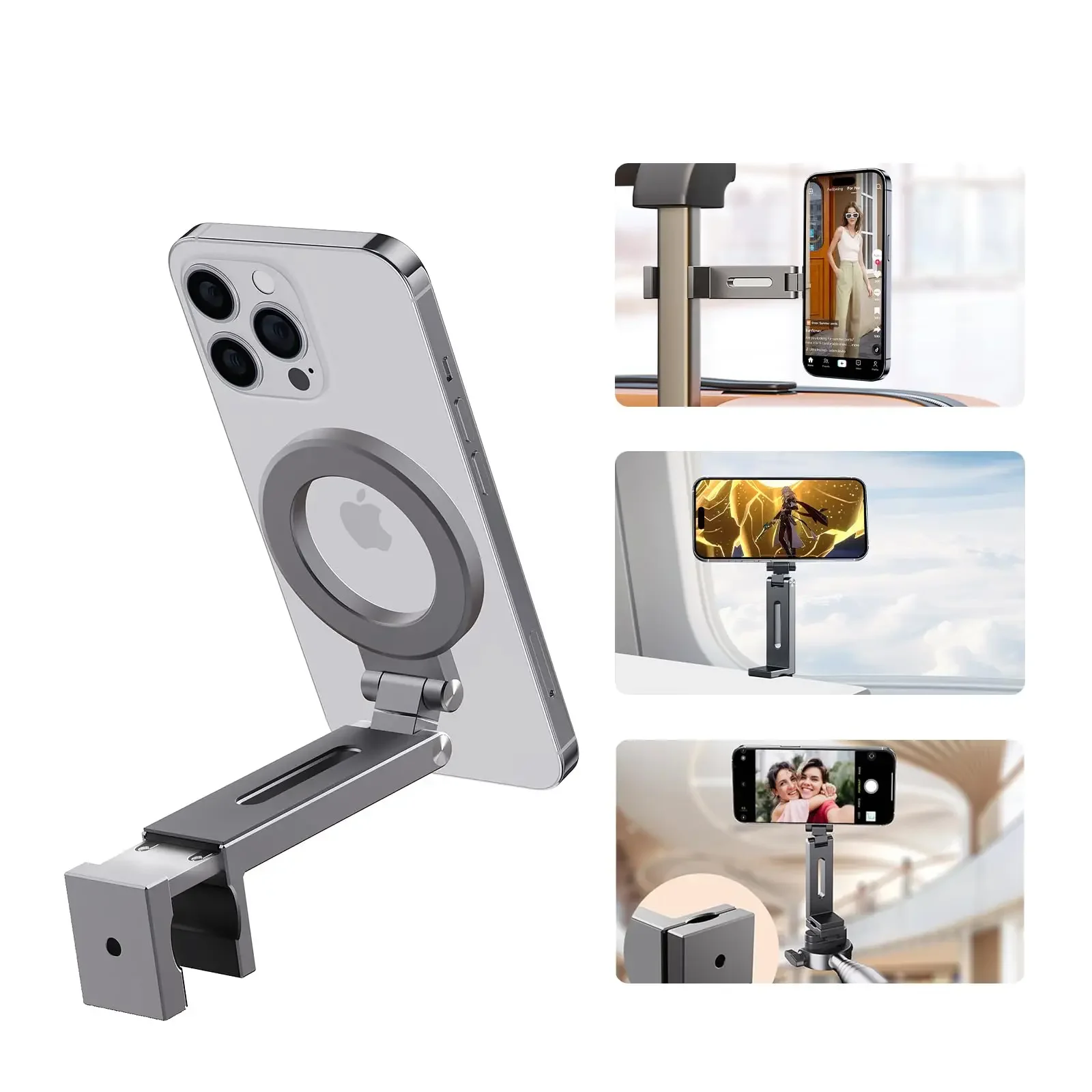 Aluminum Magnetic Cell Phone Holder for Airplane/Suitcase/Desk/Car/Tripod, Compatible with IPhone 12-16 Series, Travel Must Have