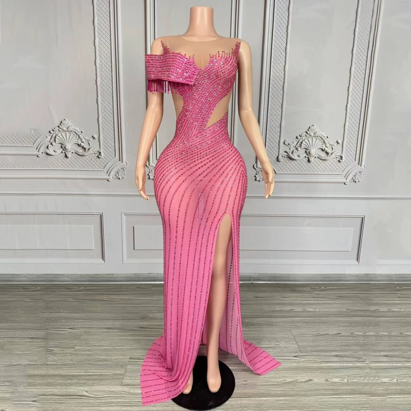 Traje de Festival de Bar y Club nocturno para mujer, vestidos de noche rosas con diamantes de imitación, disfraces de pasarela para escenario, traje de fiesta y Festival XS10230
