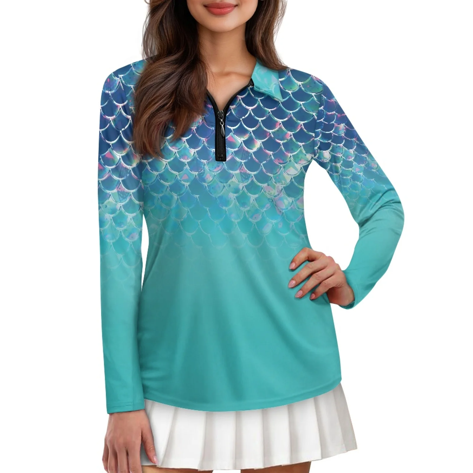 PENSTROLL Fish Scale Pattern Womens Long Sleeve Golf Polos Shirts Plus Size Athletic Tennis Shirts for Running
