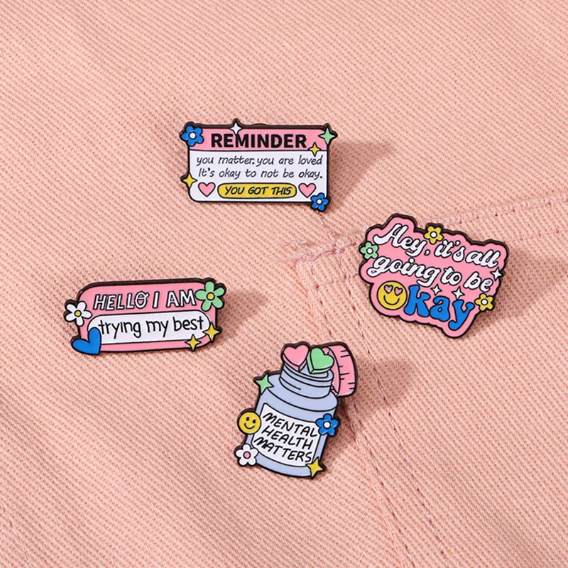 Creative Pink Letter Brooch Reminder You Got it Okay Love Pill Jar Cartoon Metal Badge Punk Pin Jewelry Accessories Friends Gift