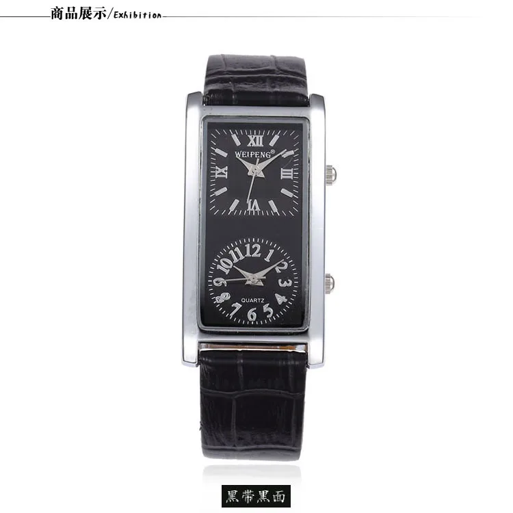 Hot Selling Dual Time Zone 2 Time Display Fashion Casual Men's Women's Quartz Movements Rectangle Wrist Watch Black Leather Band