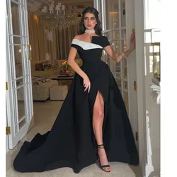 BridalAffair Newest Saudi Arabia Long Train Black and White Off Shoulder Mermaid Prom Gown Elegant High Split Party Evening Gown