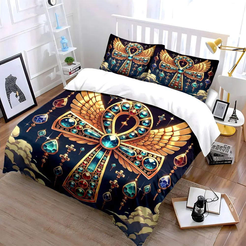 3pcs Golden jeweled cross with wings Duvet Cover Set with 3D Printing Design Soft Polyester Bedding Set All-Season Comfort