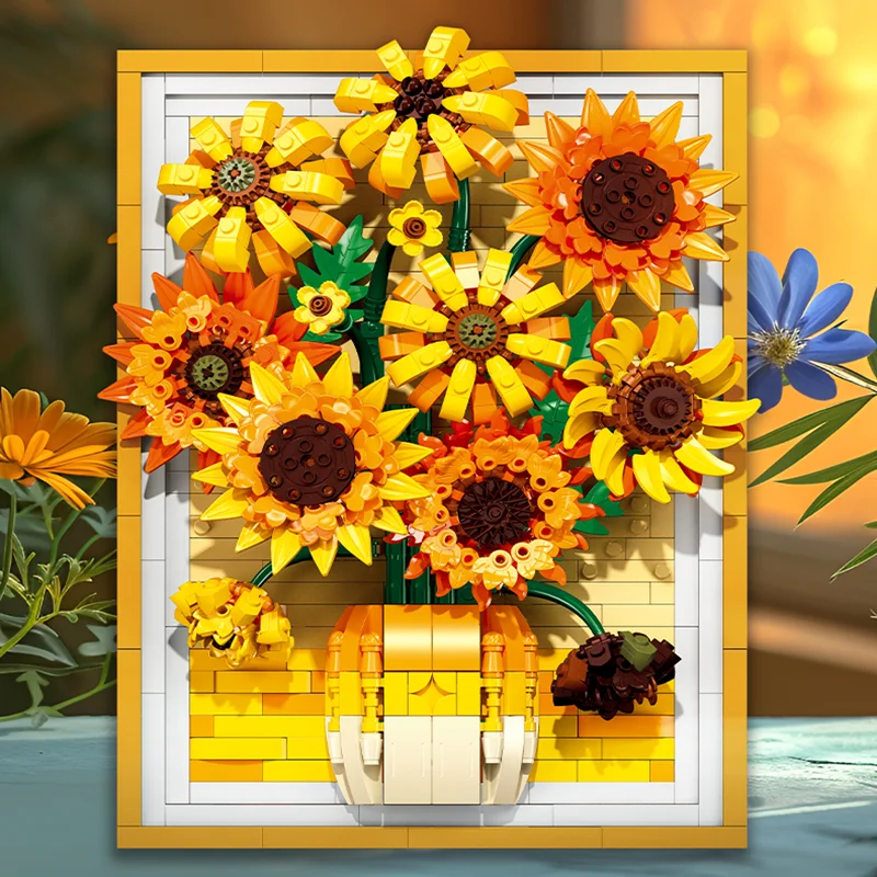 

1011 PCS girls building blocks sunflower picture frame home office ornaments, creative flower model assembly, toy flower gift