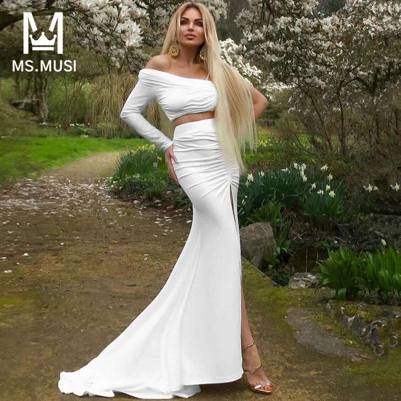 MSMUSI 2024 New Fashion Women Sexy Slim Two Piece Set Bodycon Party One Shoulder Strap Long Sleeve Top Slit Long Skirt Set Suit