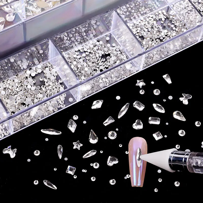 2500pcs Glass Crystal Diamond Flat Bottom Rhinestones Nail Art Decorations 21 Grid Box Nails Accessories Set With 1 Pick Up Pen