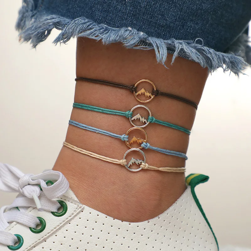 Doreen Box New Bohemian Style Geometric Colorful Cord Rope Bracelet Hollow Mountain Circle Round Unisex Party Jewelry, 4PCs/Set