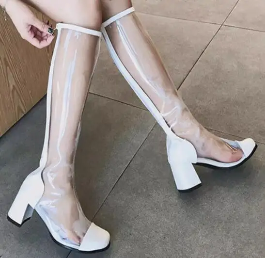 Retro Girls White Black Red Patchwork Transparent PVC Square Toe Knee High Boots Women 65 mm Block Heel Zipper Back Long Boots